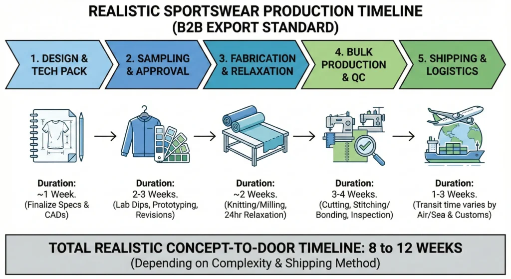 Sportswear Manufacturing Timeline Chart showing Design, Sampling, Fabrication, and Shipping stages.